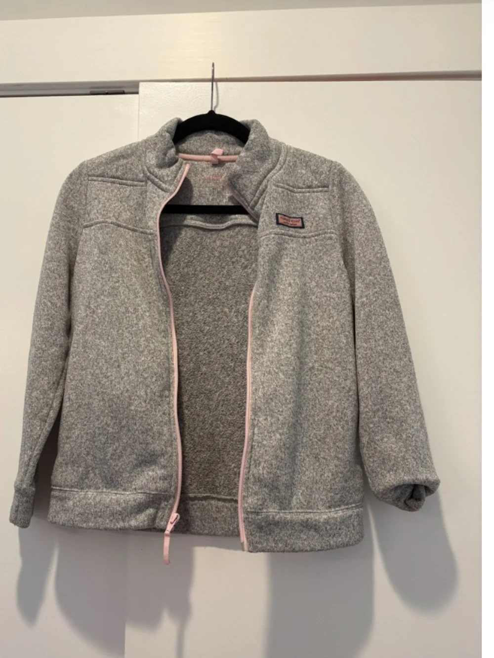 Vineyard Vines Girls Heather Gray Sweater Fleece Full Zip Jacket Pink Trim L 10-